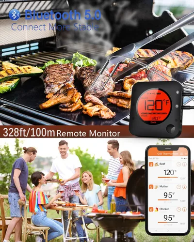 Miniatura 2 de BFOUR Termómetro de carne inalámbrico Bluetooth, termómetro digital LCD para carne con doble sonda, termómetro remoto inalámbrico para ahumador