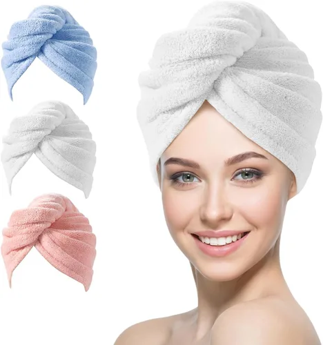 YFONG Paquete de 3 toallas de microfibra para envolver el cabello para mujeres y niñas, toallas turbante súper absorbentes para secar el cabello