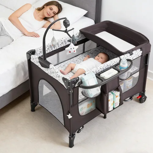 Miniatura 10 de Cuna de bebé 5 en 1, cuna de noche ajustable de 6 alturas para bebé, cuna mecedora con cómodo colchón y ruedas bloqueables, cesta de almacenamiento