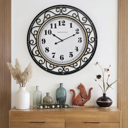SwallowLiving Reloj de pared con marco de metal vintage de hierro de 24 pulgadas, funciona con pilas, elegante decoración retro para sala de estar,