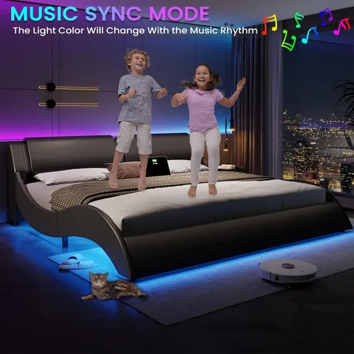Miniatura 5 de DICTAC Base de cama King con puertos de carga y cabecero, base de cama de plataforma tamaño King con luces LED onduladas como curvas, soporte
