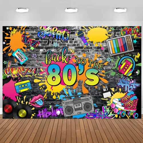 Telón de fondo de fiesta de regreso a los 80 de 5 x 3 pies con grafiti colorido para fotografía de pared, música retro, rock, punk para fiesta