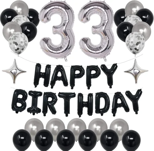 Miniatura 18 de Decoraciones de fiesta de cumpleaños color negro y plateado para niños y niñas, suministros de fiesta de cumpleaños número 14 con pancarta negra