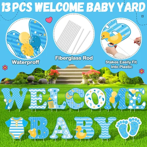 Miniatura 3 de 13 piezas de señalización de patio para fiesta de bebé "bienvenida bebé" con estacas, señal de césped de niña o niño de 15 pulgadas de altura, Azul