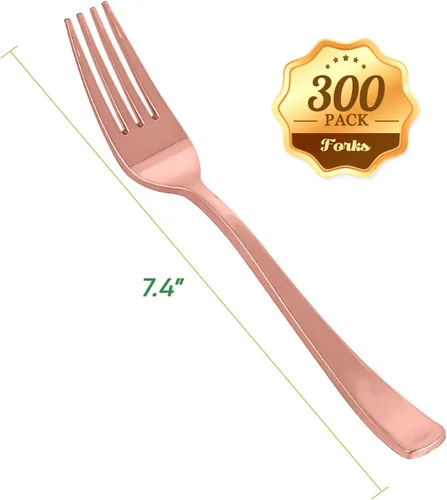 Miniatura 2 de FOCUSLINE Paquete de 300 tenedores desechables de plástico color oro rosa, tenedores de plástico sólido y duradero, cubiertos desechables