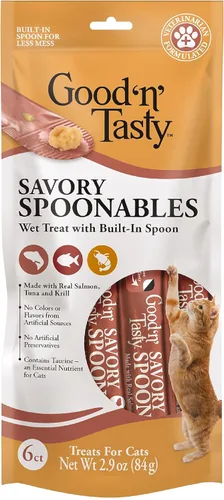 Miniatura 21 de Good 'n' Tasty Cucharas sabrosas con pato real, carne de res y conejo, tubo de 6 unidades, golosinas húmedas exprimibles de triple sabor para gatos
