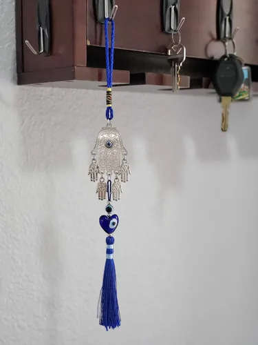 Miniatura 6 de LUCKBOOSTIUM Elegante adorno colgante de mano Hamsa plateado – Dije y signo de buena suerte y bendición – Accesorios decorativos para el hogar