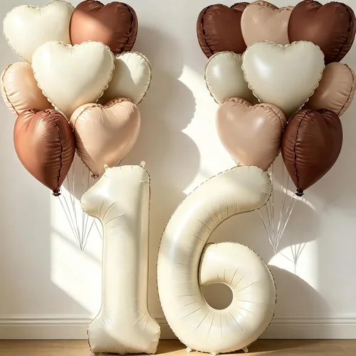 40 inch Cream Number 16th Balloons 17 Pcs Large Foil Helium Number Balloon with Neutral Cream Caramel Beige Brown Heart Balloons for the 16 Year Old