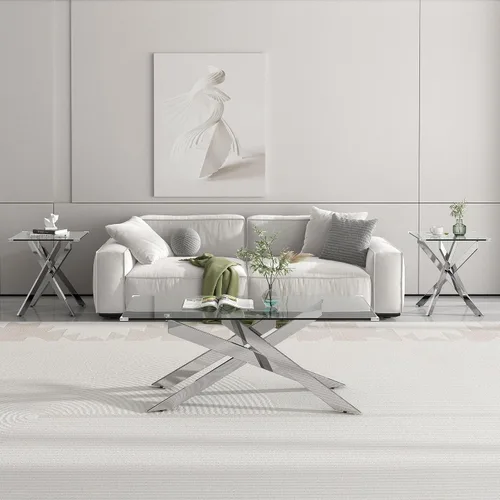 Miniatura 10 de Mesa auxiliar de cristal de 47 pulgadas, mesa central rectangular moderna con parte superior de vidrio templado transparente y patas de metal mesa