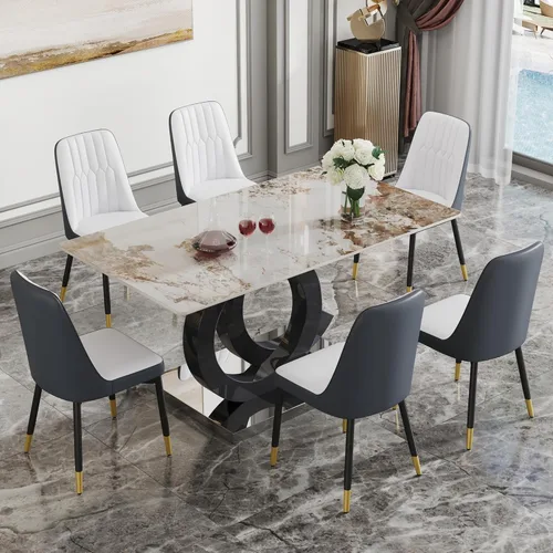 Miniatura 9 de Juego de mesa de comedor MUUOKY para 6, mesa de cocina y sillas para 6, superficie de mesa de piedra sinterizada con 6 sillas de comedor modernas