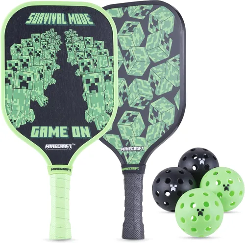 Voyager - Juego de pickleball de Minecraft, incluye 2 paletas, 4 bolas duraderas y bolsa de transporte, juego al aire libre de 7 piezas para niños,