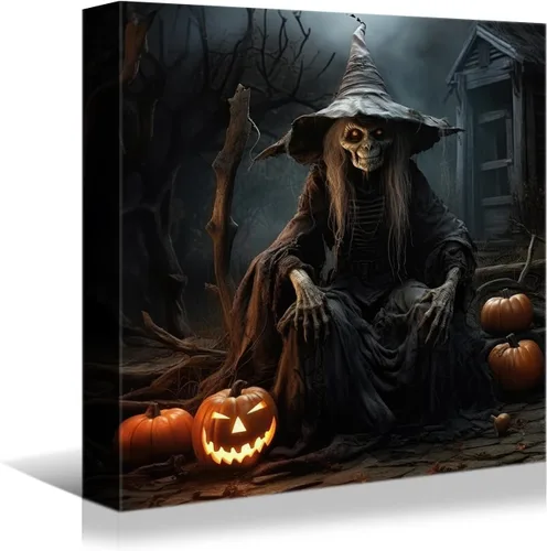 Miniatura 11 de YONICA Lienzo decorativo de Halloween para pared de sala de estar, decoración del hogar, calabaza de Halloween y gato negro sobre lienzo, obra