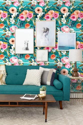 Miniatura 3 de HAOKHOME Papel tapiz floral para despegar y pegar, verde azulado/rosa, extraíble, texturizado, para decoración de dormitorio, guardería, 17.7