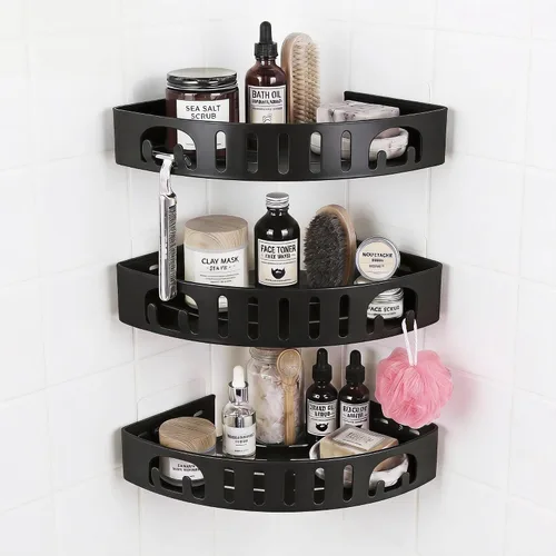 Miniatura 12 de Estante de ducha adhesivo de esquina sin taladro Organizador de baño de aleación de aluminio a prueba de óxido con soporte para afeitar