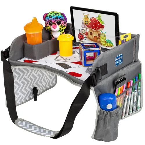 Miniatura 9 de Kenley Kids Bandeja de viaje, bandeja de regazo para asiento de automóvil para niños pequeños, mesa de actividades esenciales para viajes por Azul