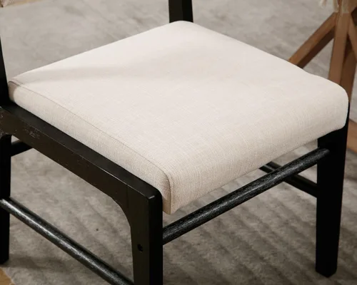 Miniatura 7 de HNY Juego de 2 sillas de comedor de lino beige con marco de madera negra, silla de cocina tapizada de tela moderna con respaldo rectangular, sillas