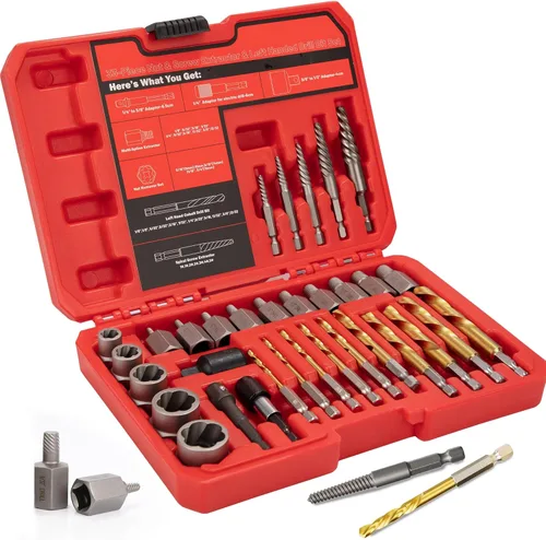 Miniatura 10 de Juego de 53 extractores de tornillos, juego de brocas para mano izquierda 6542/4341 HSS, juego de extractor de pernos fácil de sacar con adaptador