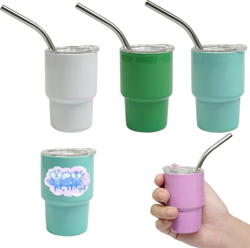 Mini Vaso Tumbler de Chupito con Pajilla, Sublimación de Doble Capa de Metal Lindo Juego de Vasos de Chupito de 3oz con Tapas para bebidas, café,