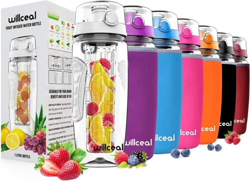 Miniatura 14 de Botella de agua con infusor de frutas de 32 onzas, duradera, grande, sin BPA, Tritan con tapa abatible, diseño a prueba de fugas, deportes, camping