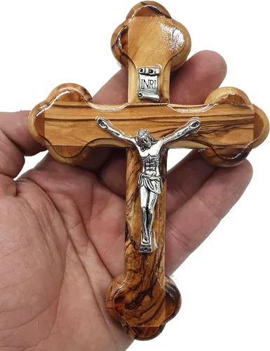 Miniatura 10 de Zuluf Cruz latina de madera de olivo de 7.8 "con crucifijo chapado en plata, regalo de pared cristiana de Belén Tierra Santa CRS064