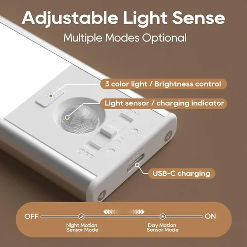 Miniatura 3 de Paquete de 2 luces para debajo del gabinete, 3 temperaturas de color, luz con sensor de movimiento para interiores, luces LED recargables