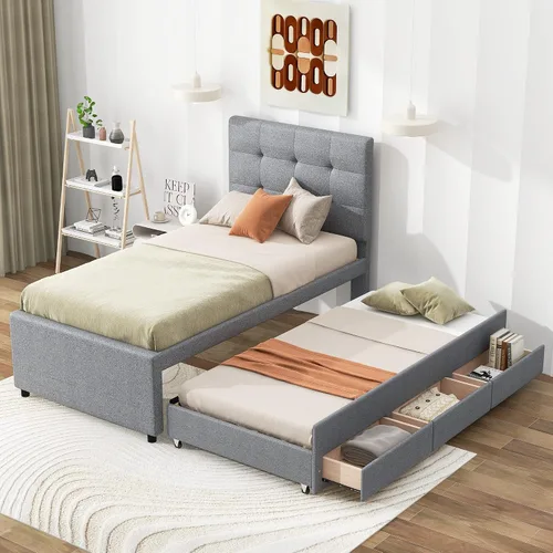 Miniatura 25 de SOFTSEA Cama de plataforma de tamaño matrimonial con nido, cama matrimonial tapizada con cabecero curvado para niños, adolescentes, invitados, tela
