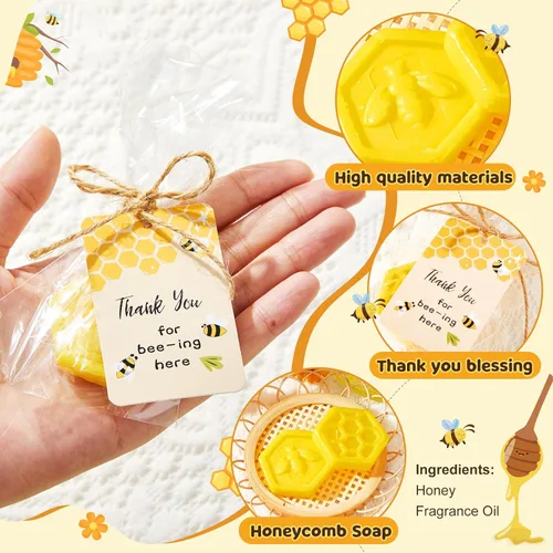 Miniatura 2 de Juego de 100 recuerdos de fiesta de abejas para baby shower, incluye jabón de panal con tarjeta de agradecimiento, jabón de miel para invitados
