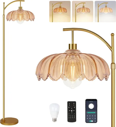 Lámparas de pie vintage para sala de estar, lámpara de pie de vidrio con control remoto y 3 temperaturas de color, lámpara de pie regulable, lámpara
