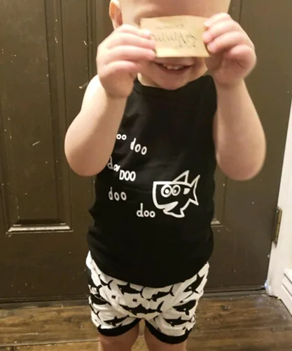 Miniatura 2 de Conjunto de ropa para bebé y niña, diseño de tiburón y Doo Doo, de algodón, sin mangas, conjunto de tops y pantalones cortos
