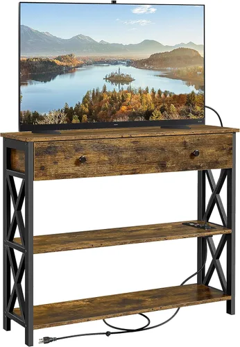 Miniatura 10 de Yaheetech Soporte de TV con tomas de corriente, centro de entretenimiento con cajón, mesa consola multimedia para TV de hasta 45 pulgadas con Gris