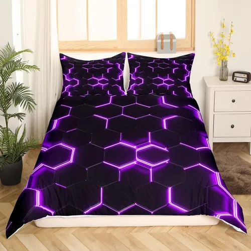 Miniatura 43 de Funda de edredón de panal para niños, hombres y niñas, juego de ropa de cama moderno con temática geométrica hexagonal, diseño de cuadrícula