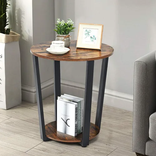 Miniatura 2 de Tangkula Mesa auxiliar redonda, mesa de sofá de metal de 2 niveles con estante de almacenamiento, mesa auxiliar redonda con marco de metal, muebles