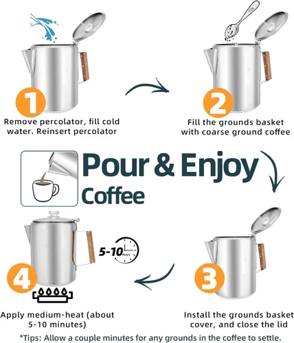 Miniatura 5 de MEREZA Cafetera de camping para estufa, cafetera, percolador, fogata, cafetera de acero inoxidable, cafetera para acampar al aire libre, hogar, 9
