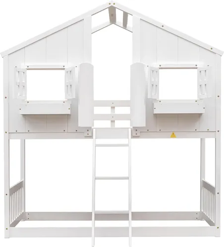 Miniatura 6 de VECELO Full Over Full House Bunk Bed with Safety Rail, Ladder, Windows & Doors, Solid Wood Playhouse Bunk Bed, No Box Spring Needed, White