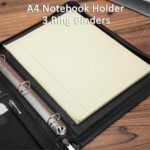 Miniatura 6 de Portafolio de cuero con carpeta de 3 anillas, padfolio de cuero vegano con cremallera, portafolio organizador profesional de negocios para regalo