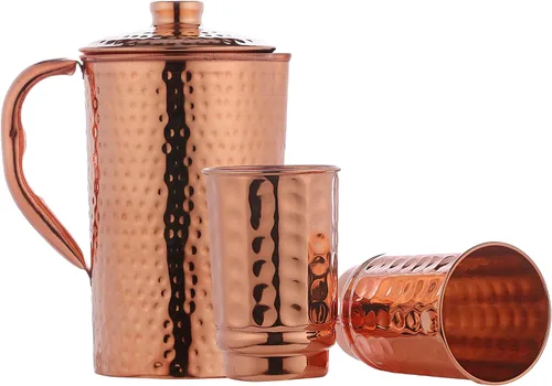 Miniatura 3 de Jarra de cobre de 50.72 onzas con 2 tazas de cobre Juego de jarra de agua de cobre puro y tazas a juego para el hogar y el bienestar, acabado