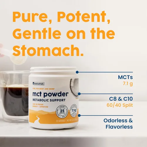 Miniatura 5 de NativePath Suplemento en polvo de aceite MCT, sin sabor con MCT C8 MCT apto para cetogénicos, libre de lácteos, gluten y OMG, 25 porciones