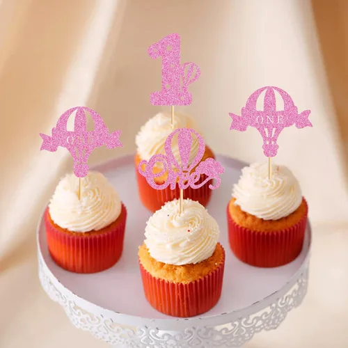 Miniatura 3 de Ercadio Paquete de 24 globos aerostáticos para cupcakes, globos con purpurina rosa, un globo para magdalenas, 1ª selección de cupcakes para globos
