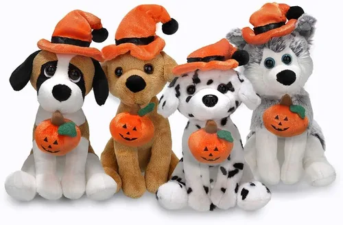 Miniatura 5 de Plushland Halloween Pawpals - Juguete de peluche de 8 pulgadas para cachorro, con sombrero y linterna Jack O Lantern de Halloween, calabaza