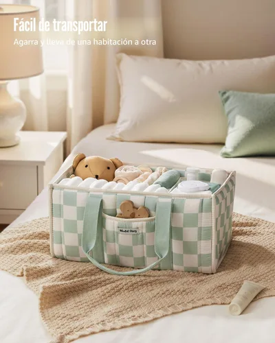 Miniatura 4 de Blissful Diary Organizador de pañales a cuadros, elegante cesta de almacenamiento para guardería, regalo para baby shower, artículos esenciales