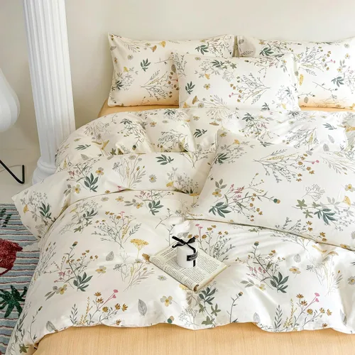 Miniatura 69 de Juego de funda de edredón blanca con estampado floral azul, juego de ropa de cama de algodón suave estilo bohemio, juego de ropa de cama estética