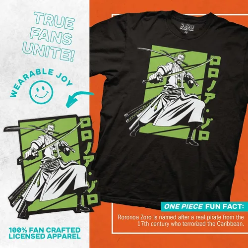 Miniatura 3 de Ripple Junction Camisa de anime Zoro de una pieza, camiseta gráfica de manga corta para hombres y mujeres con licencia oficial, forro polar verde