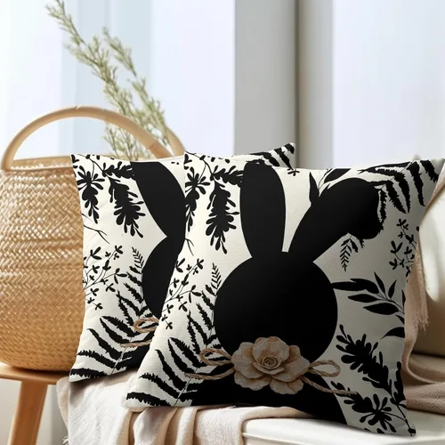 Miniatura 7 de Kawani Fundas de almohada de conejo de Pascua de 16x16 pulgadas, juego de 2 fundas de almohada decorativas de conejo negro floral de Pascua