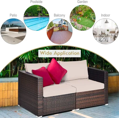 Miniatura 6 de COSTWAY Juego de conversación de muebles seccionales de sofá esquinero de ratán para patio, 2 piezas Beige