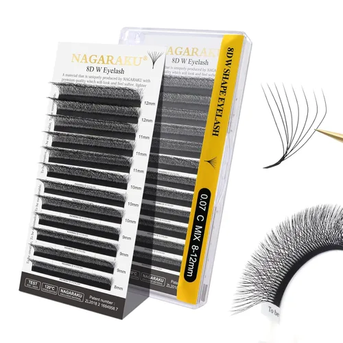 Miniatura 314 de NAGARAKU Extensiones de pestañas Double Tips 4D W, suministros con puntas dobles, gruesas con rizado D de 0.07 mm, bandeja mixta 8-15 mm, 0.07-D