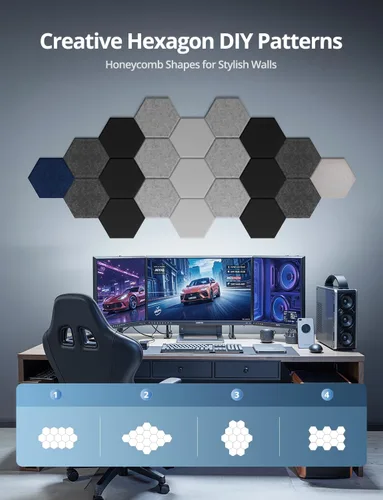 Miniatura 2 de Paneles Acústicos Hexagonales Autoadhesivos para Pared, Paquete de 12 Baldosas Absorbentes de Sonido para Paredes y Puertas, Panel Interior Negro