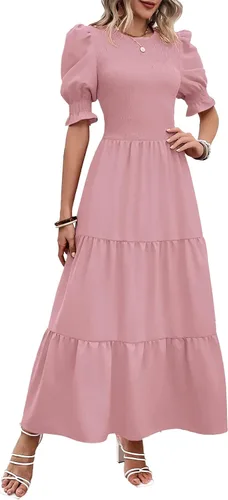 Miniatura 20 de BTFBM Vestidos para mujer, cuello redondo, casual, de verano, con volantes, manga corta, bohemio, con niveles, fruncido, largo, con estampado floral