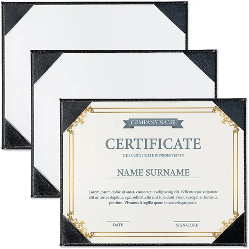 Fine Stationery Porta certificados de piel sintética negra con soporte de caballete acrílico, paquete de 3, capacidad para documentos tamaño carta