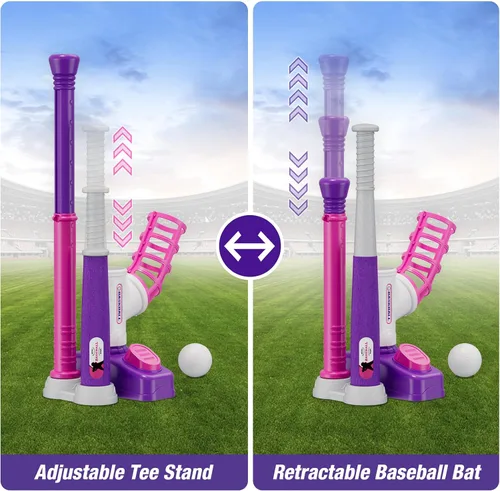 Miniatura 5 de HYES Juego de Tball para Niños Pequeños de 3-5 Años, Set de Pelota con Máquina de Lanzar de Pedal/Tee de Bateo Ajustable/Bate de Béisbol Retráctil/8