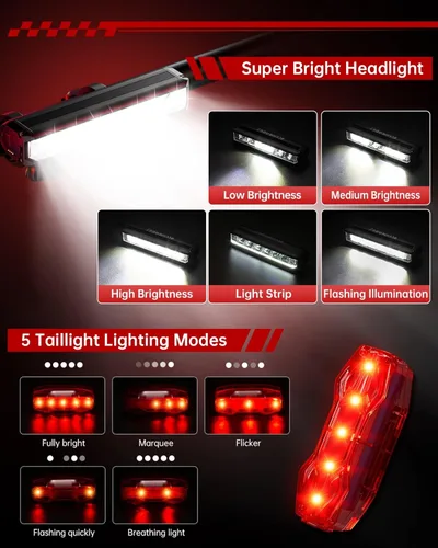Miniatura 2 de Luces de bicicleta para montar de noche, luz trasera delantera recargable por USB, juego de faros de bicicleta, luz de aluminio, IPX5 impermeable